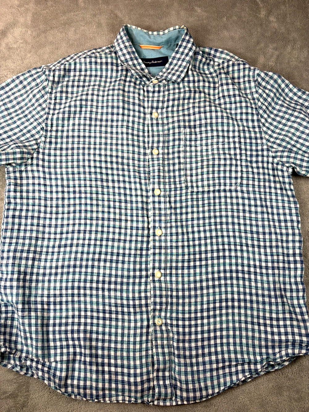 Tommy Bahama Men’s L Blue Linen Gingham Shirt SS Beach Travel